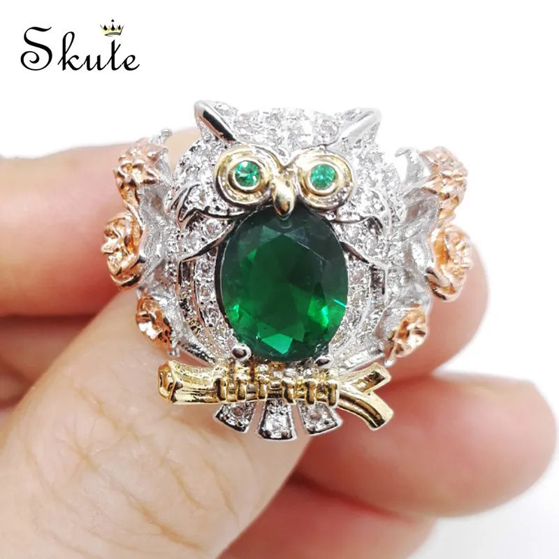 Skute Fashion Micro Inlay Zircon Green CZ Stone Crystal Rhinestone Owl Design Ring for Women Men Wedding Engagement Jewelry | Украшения и