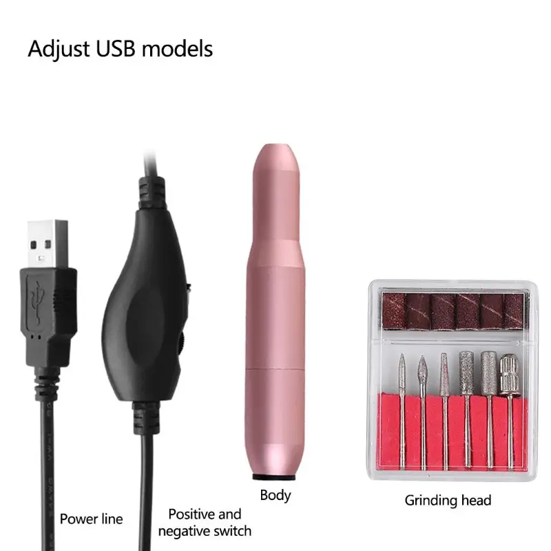 USB электрическая для ухода за ногтями Дрель Инструменты низкий уровень шума с 6 шлифовальных головок+ 6 сверл F42B - Цвет: Розовый