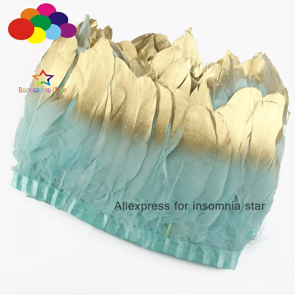 

Dyed Mint feather dress Dress Goose feather fringe paint gold tips 2 Meter Feathers Trims with Satin Ribbon Tape