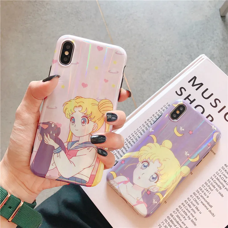 

For iphone X XR XS XS Max case Cartoon Laser sailor moon cat Soft silicon case for iphone 6 6s 7 8 7plus back cover capa