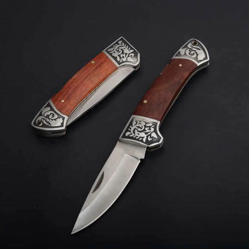 copper tactical folding knife steel blade wood handle rescue pocket edc tools  (4)