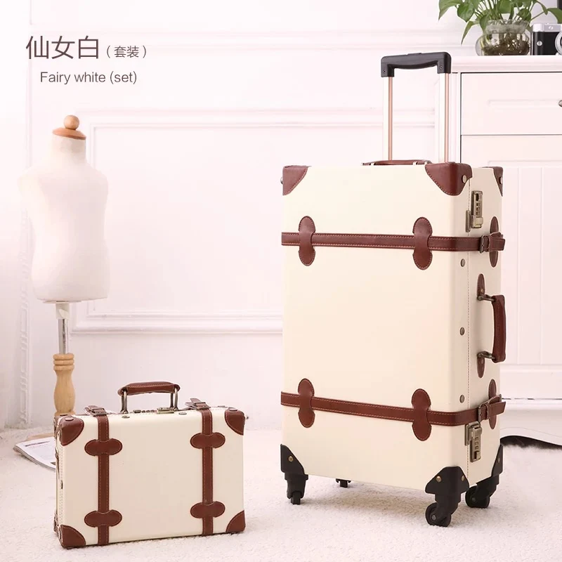 2PCS/SET Vintage Floral PU Travel Bag Rolling Luggage,13"20"22"24"26"inch Women Retro Trolley Suitcase Bag On Universal Wheels