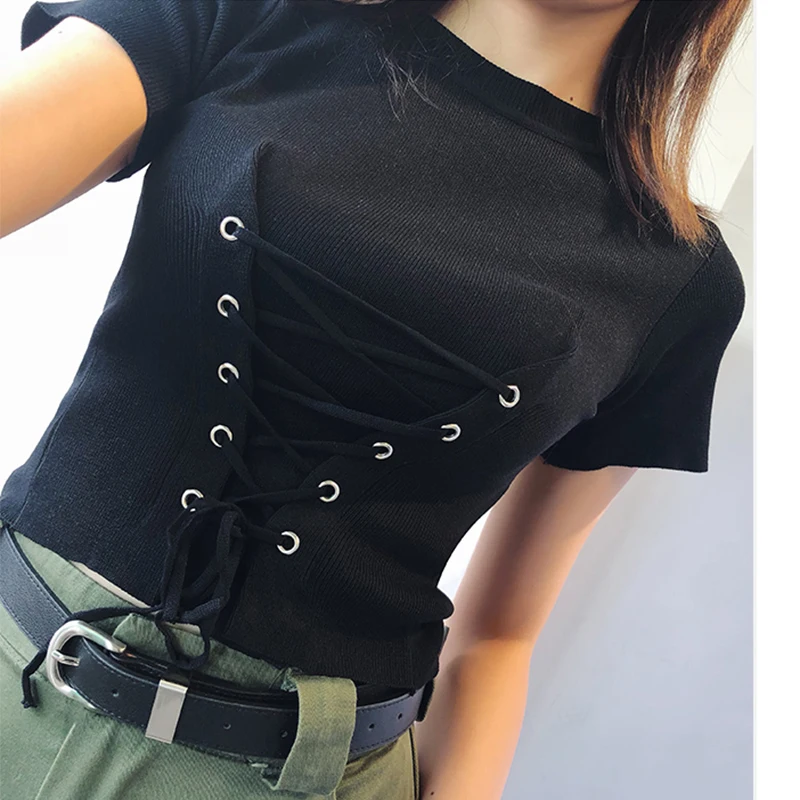

Short Knit Top Tshirt Women Chic Lacing Up Female Summer Female T-Shirts