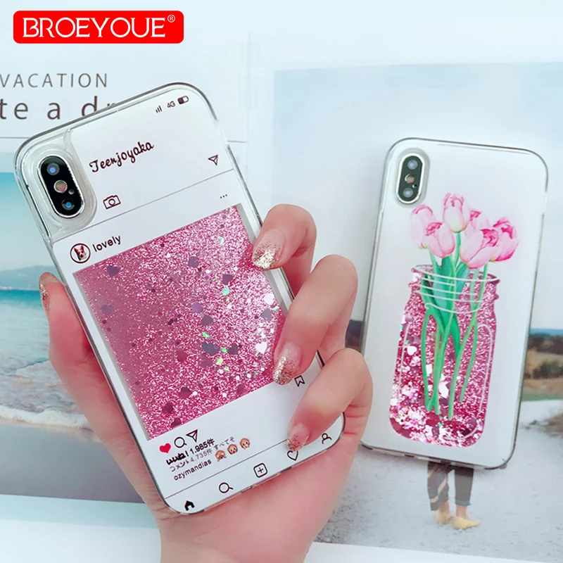 Прозрачный чехол для iPhone X сыпучий песок с блестками Жидкий телефона Ins Цветы Узор