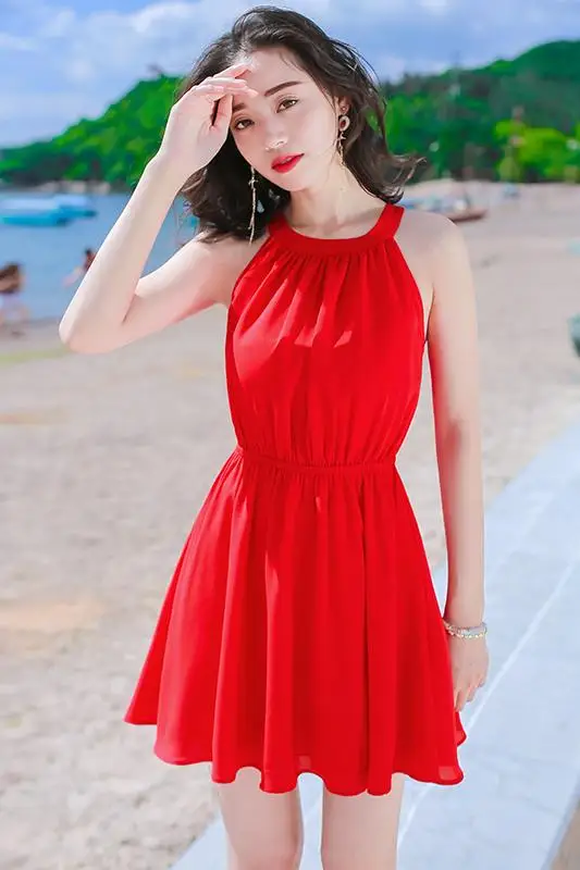 Summer Red Short New Women Slim Thin Sleeveless Chiffon Dress Bohemian