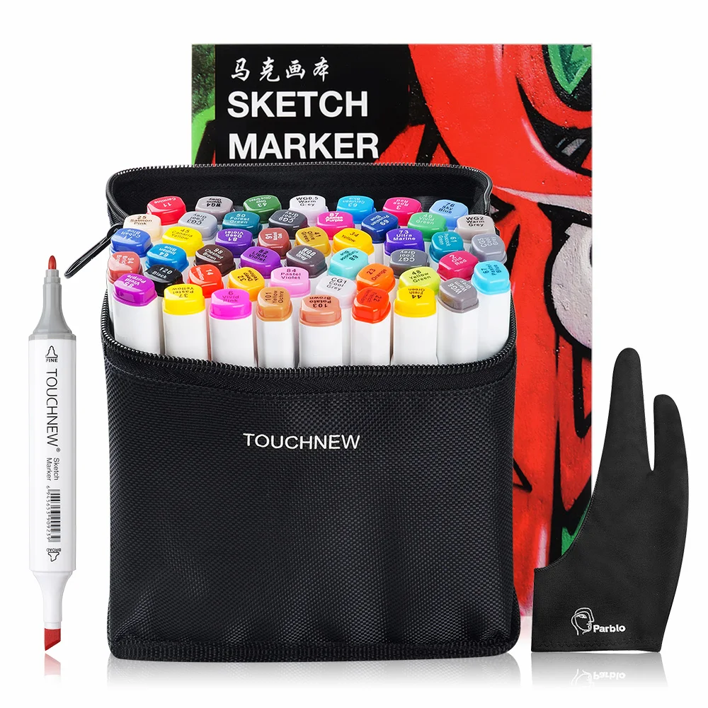 

TOUCHNEW 36/48 Color Dual Head Art Marker Set Alcohol Sketch Markers Pen + A4 SketchBook + Two-finger Glove Black