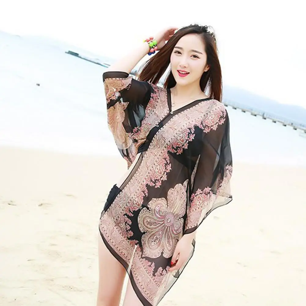 

Women Summer Beach Bikini Cover Up Loose Chiffon Blouse Shawl Scarf with Buttons