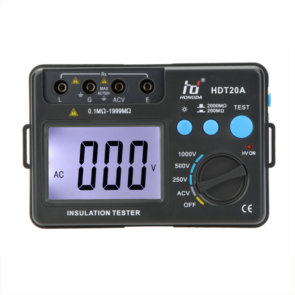 

HDT20A Insulation Resistance Meter Voltmeter Electrical Insulation Tester HD Ohmmeter LCD Backlight Megohmmeter 1999 Max Reading