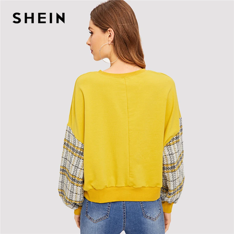 SHEIN Нарядный Свитшот С Контрастными Рукавами, Свитшот С Бусинами И Клетчатыми Рукавами