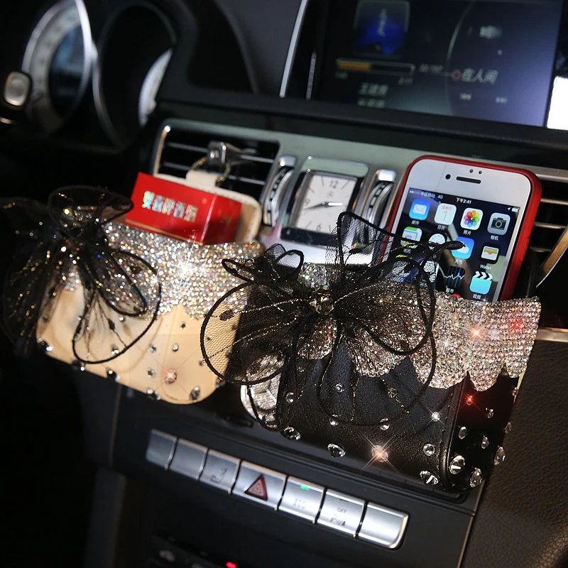

Lace Bowknot Car Storage Box Crystal Auto Outlet Air Vent Cosmetics Case Mobile Phone Bag Pouch Car Accessories for Girls