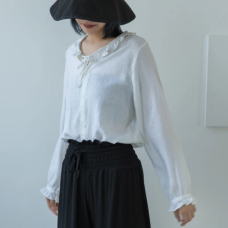 

Johnature New Japanese Linen Soild Color Ruffles Tops Blouses 2019 Summer Women Long Sleeve Loose Simple Cardigan Shirts