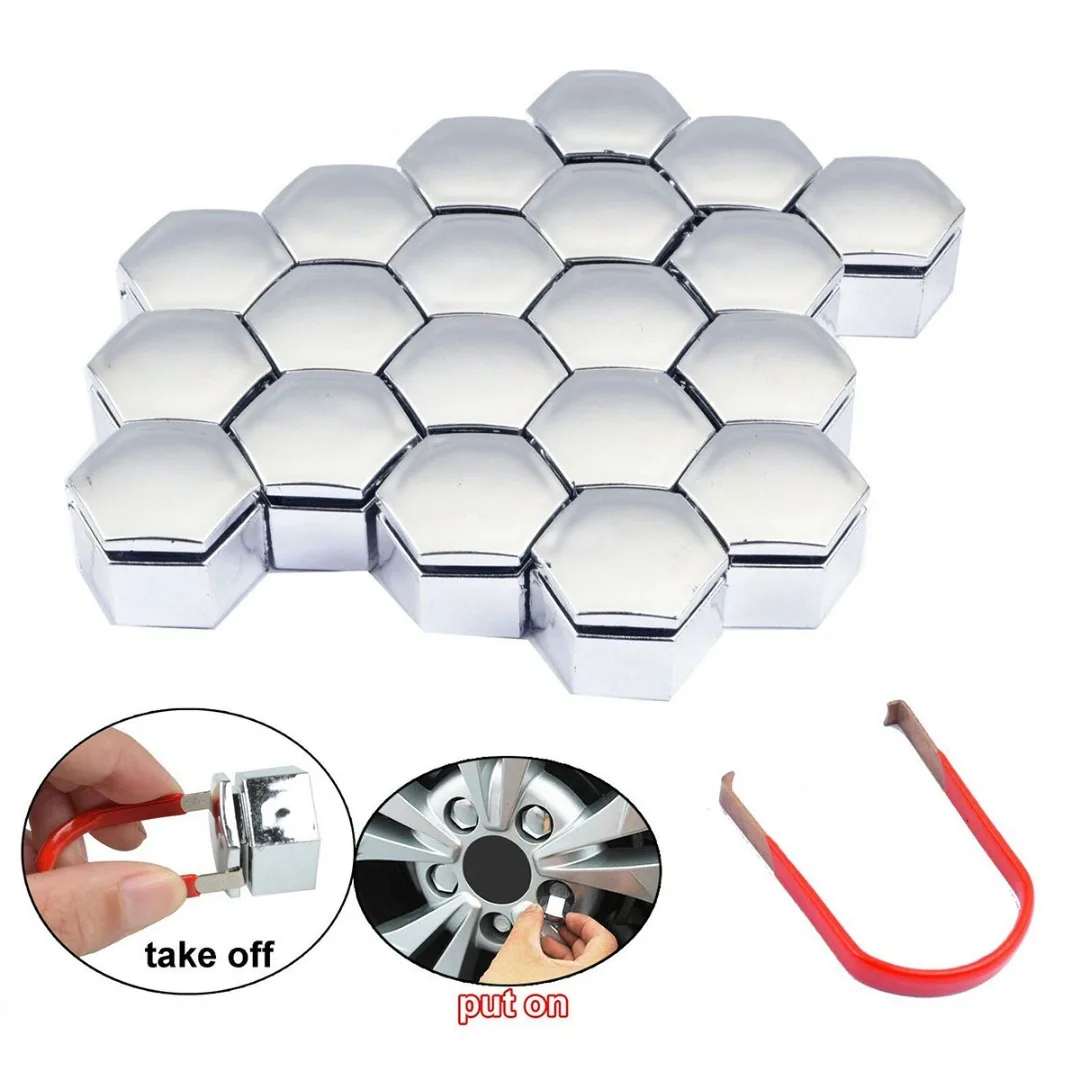 Mayitr 20pcs Auto Hub Screw Cover 22MM Wheel HEX Nut Bolt Cap Cover+Removal Tool for Car Socket Protection Chrome