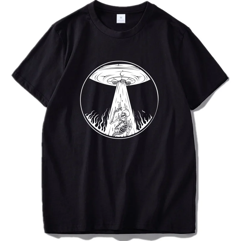 

EU Size 100% Cotton UFO Taken The Human Beings Away Skull Alien Pattern Cool Scared Black Soft T-shirt