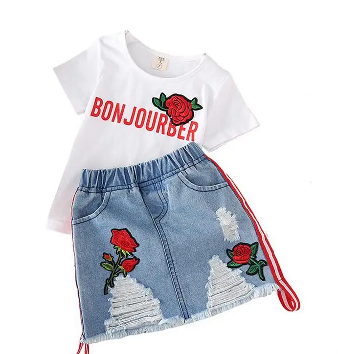

Hot Sale Girls Clothing Children Summer embroidery Clothes Kids rose flower girls clothes Set baby T-shit+cowboy skirt suit