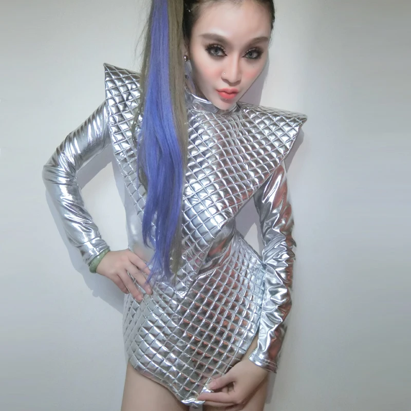 

Women Silver Grid Shrug Shoulder Bodysuit Night Club Party Femle Shining Outer Space Theme Show Clothing Stage Costume 3pcs Sets