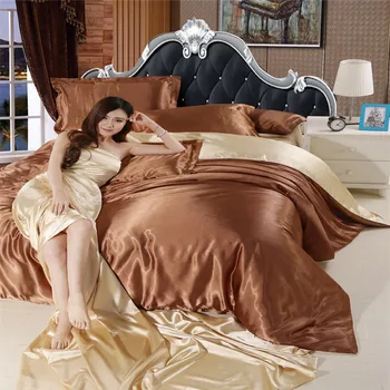 

100% Good Quality Satin Silk Bedding Sets Fitted Sheet Solid Color Queen King Size Pure Purple Duvet Cover Golden Pillow Cover