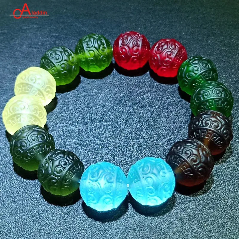 Aladdin Rare Libyan Golden Meteorite 7 Colors Round Bead Bracelet Sea Blue/Green Vitreous Body Carved Bead lovers' Fine jewelry Aladdin Rare Libyan Golden Meteorite 7 Colors Round Bead Bracelet Sea Blue/Green Vitreous Body Carved Bead lovers' Fine jewelry