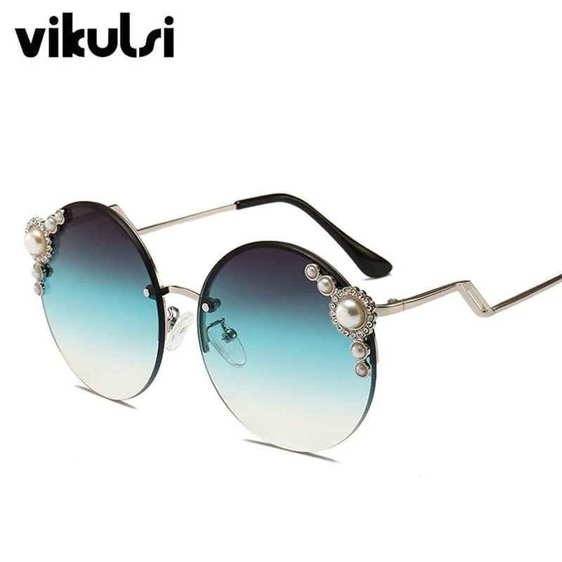 

Fashion Women Brand Metal Half Frame Round Pearl Sunglasses Women Designer Frameless Decorative Diamond Sun Glasses Female UV400