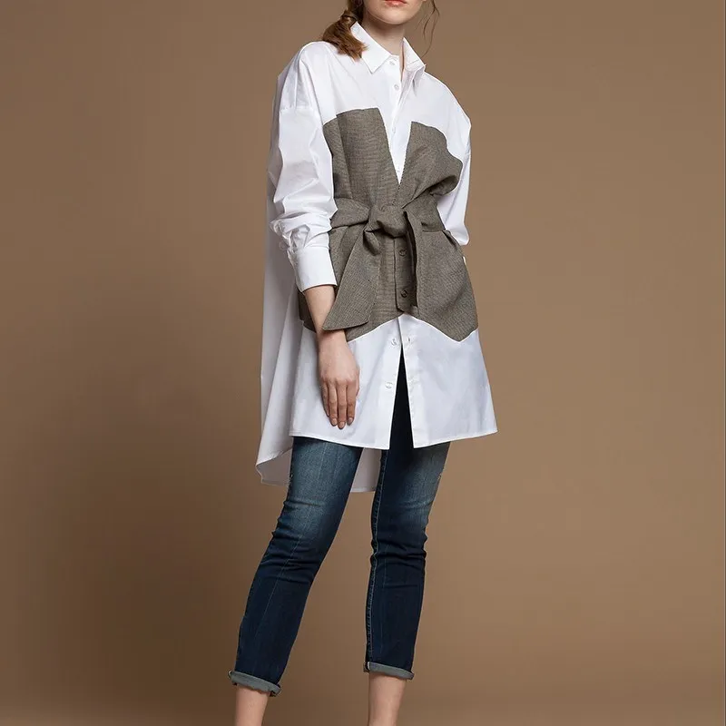 

2019 Women Irregular Bow Patchwork Fake Two Pieces Blouse Turn-Down Collar White Color Matching Long Shirt