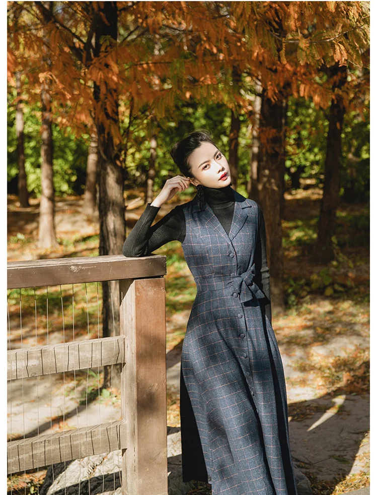 TANG Spring Autumn Velvet Dress Women's Black Vintage Wool Elegant Bodycon Party Dresses Plaid Long Maxi Dress vestidos (8)