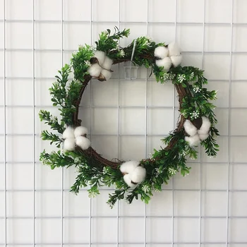 

12 Inch Natural Cotton Wreath W/Twig Base Artificial Leaves Christmas Wreath Farmhouse Decor