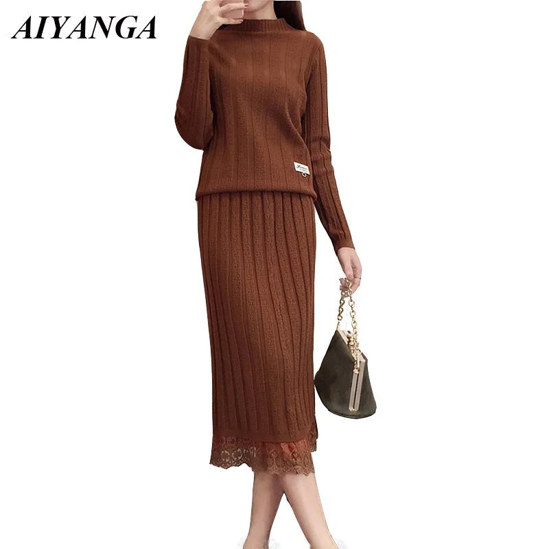 

New 2018 Knitted Sweater Women Sets Autumn Winter 2 Pieces Female Pullovers Sweaters Patchwork Lace Skirts Slim Elasticity Top