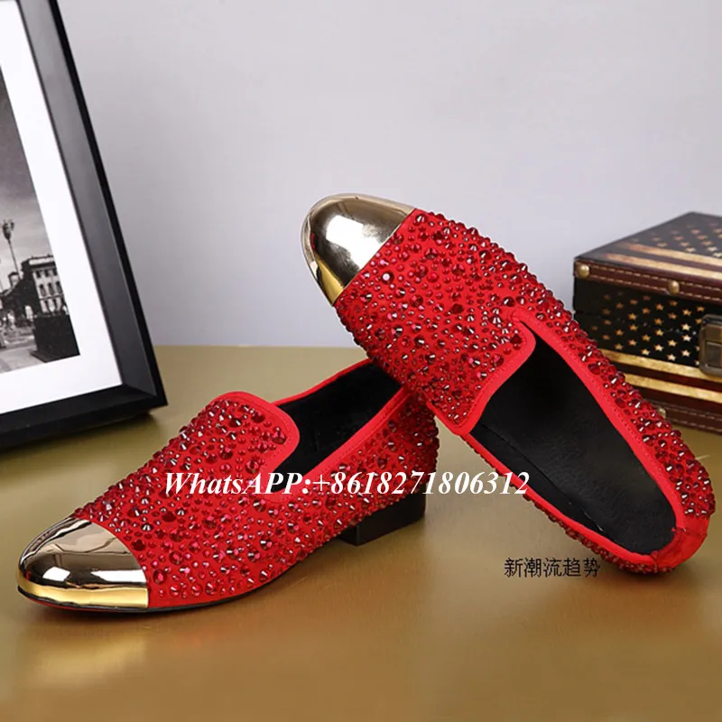 

Mens Dress Shoes 2018 Big Size 36-46 Gold Metallic Toe Luxury Velvet Loafers Crystal Rivet Studded Black Red Men's Wedding Shoes