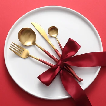 

Stainless Steel Western Cutlery Set Noble Fork Knife Dessert Dinnerware Dishwasher Safe Tableware Red Gold