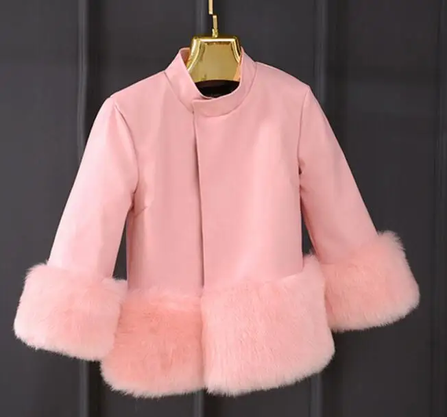 Женское пальто с воротником-стойкой из искусственного лисьего меха - Цвет: Розовый
