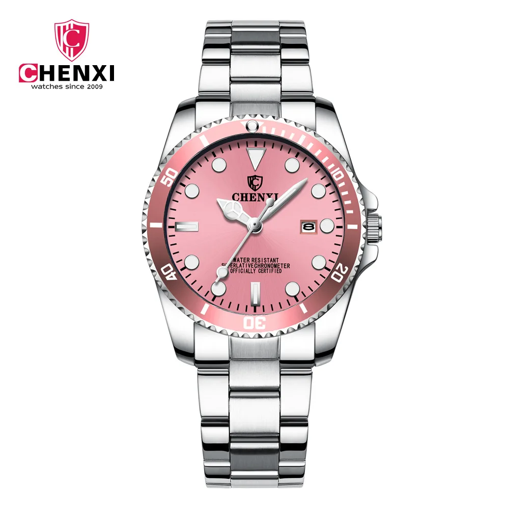 

CHENXI 2018 Women Dress Watch Pink Silver Stainless Steel Watch Women Calendar Waterproof Business Quartz Female Wristwatch
