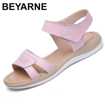 

BEYARNENew Women Shoes Summer Buckle Strap Flat Heel Genuine Leather Casual Ankle Strap Shoes Woman Beach Sandals SlippersE396