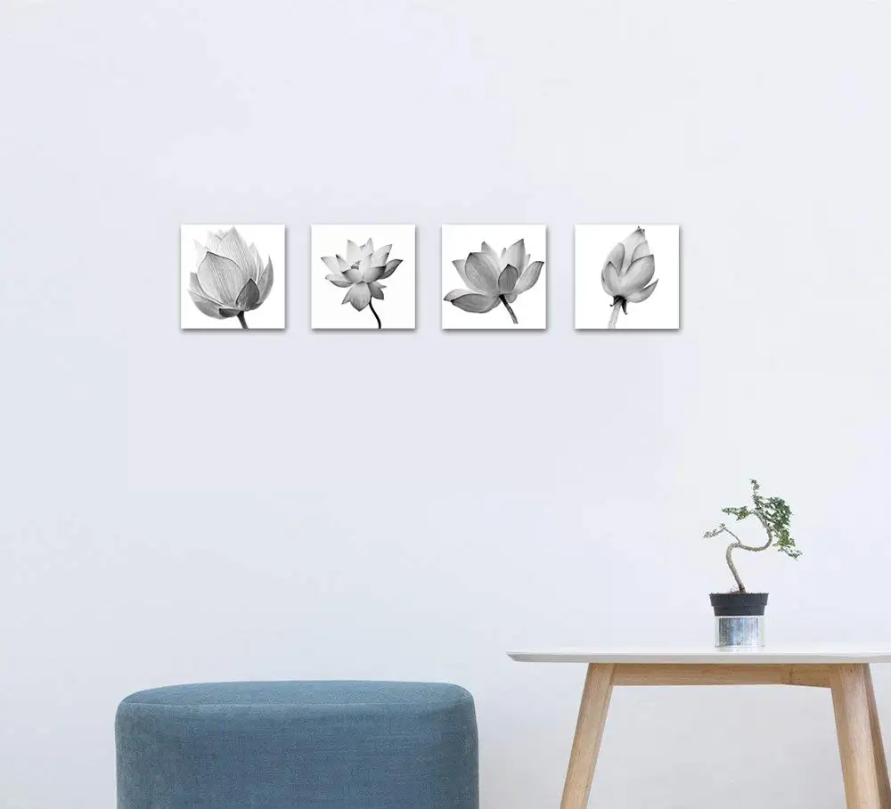 

4 Panels Flowers Artwork Black and White Elegant Floral Canvas Art Print Blooming Lotus Picture Drop shipping