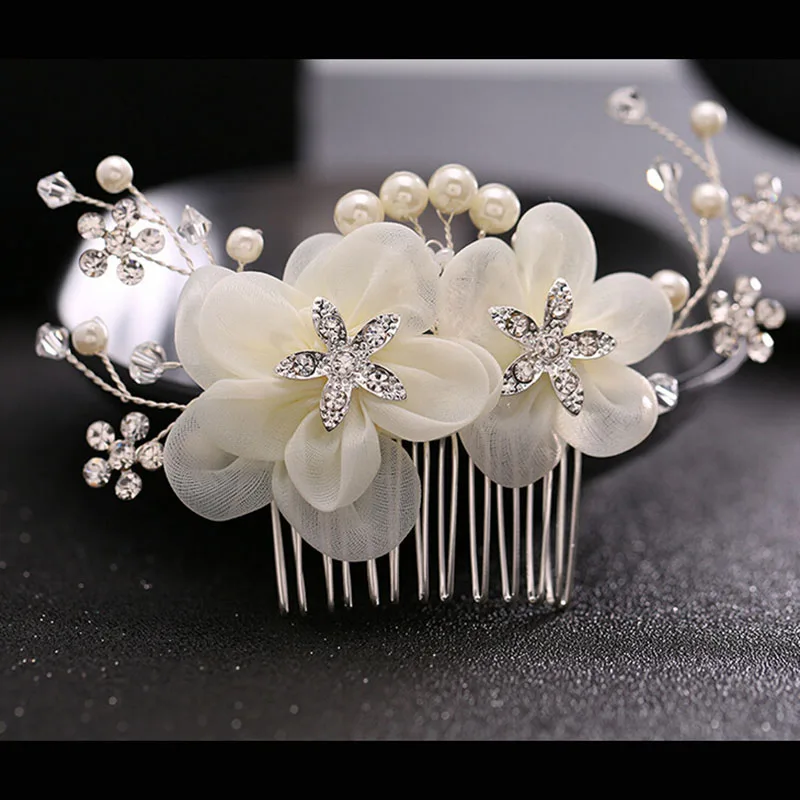 Metting Joura Wedding Romantic White Chiffon Flower Hair Comb With