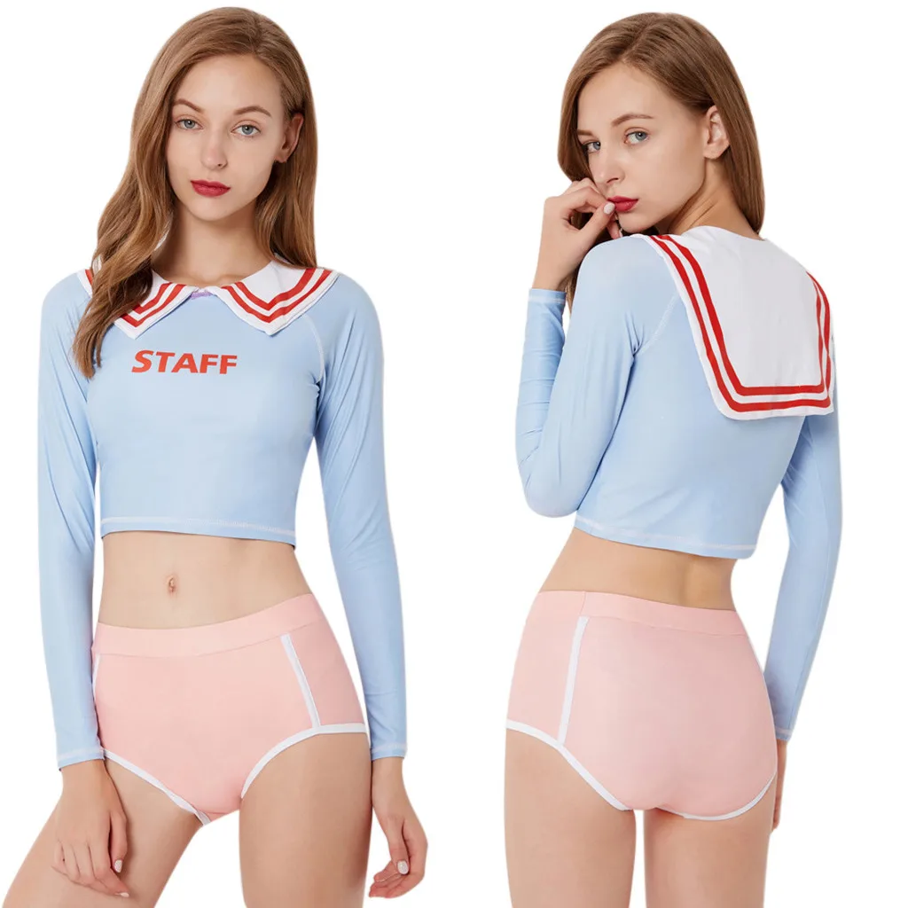 New Women Light blue Surf Wear Long Sleeve Beach Two Piece Sailor Suit
