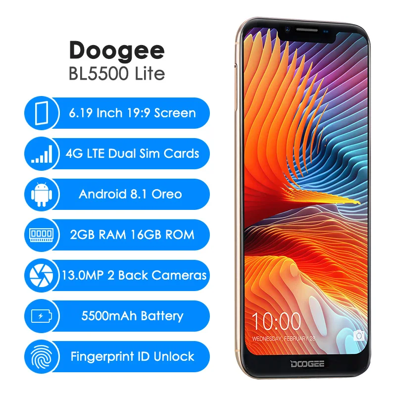Original Doogee BL5500 Lite 6.19 Inch 19:9 Notch Screen 4G LTE Smartphone Quad Core 2G+16G Fingerprint Mobile Phone Android 8.1