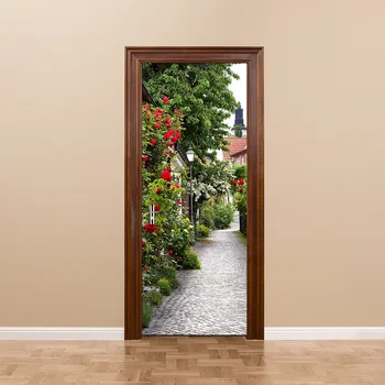 

3D Rose Flower Town Door Mural Stickers Reusable Waterproof PVC Wall Decal Poster DIY Self-adhesive Imitation Wallpaper Stickers
