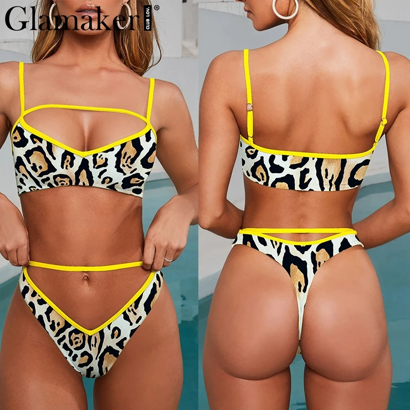 

Glamaker Hollow out V neck sexy bodycon bodysuit Leopard yellow beach swimsuit female two piece suit Summer swimwear bodysuit