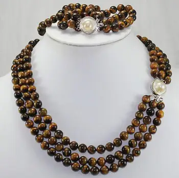 

Natural 3 rows 8mm Tiger Eye Necklace, 17-19"/Bracelet 8" AAA