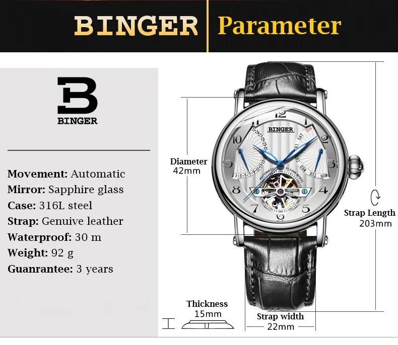 Швейцарские мужские механические часы BINGER Tourbillon с сапфировым календарем и светящимся ремешком из натуральной кожи с большим циферблатом Montre homme