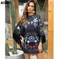 Printing Dress with Tassel Trim Autumn Loose Casual Lady Women Fringe Vintage Floral Mini Short Gowns Tunic Street Wear Dresses