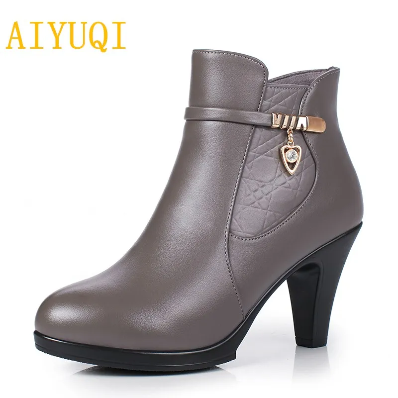 

AIYUQI 2019 new genuine leather women's high heel ankle boots, warm wool winter boots, trend women's Martin boots shoes