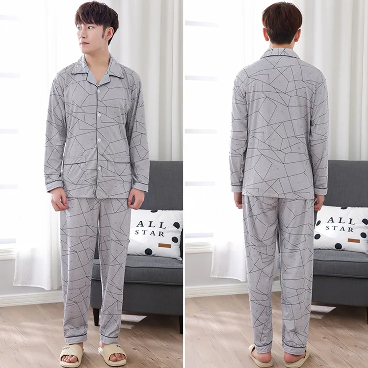 2019 осенне-зимние хлопковые Пижамные комплекты с принтом для мужчин Пижама Ночное белье с длинными рукавами Мужская домашняя одежда ночное