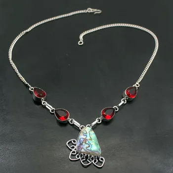 

Gentle Charms Natural Abalone Shell Red Garnet 925 Sterling Silver Color Pendant Necklace Women Jewelry 18.5 Inch H134