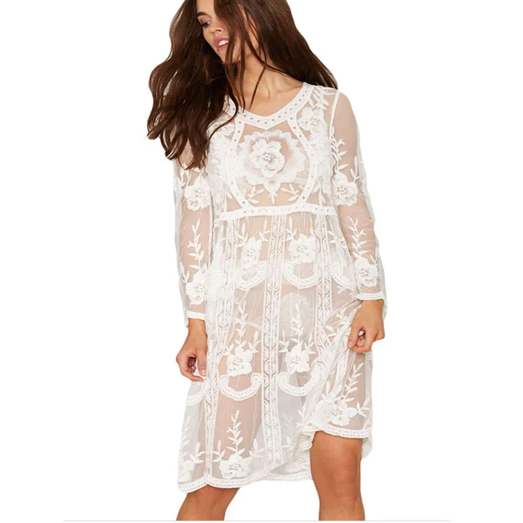 

Saida De Praia Feminino Ladies Loose Beach Dress White Lace Dresses 2019 High Quality Beautiful Dresses Beachwear Boho Clothing