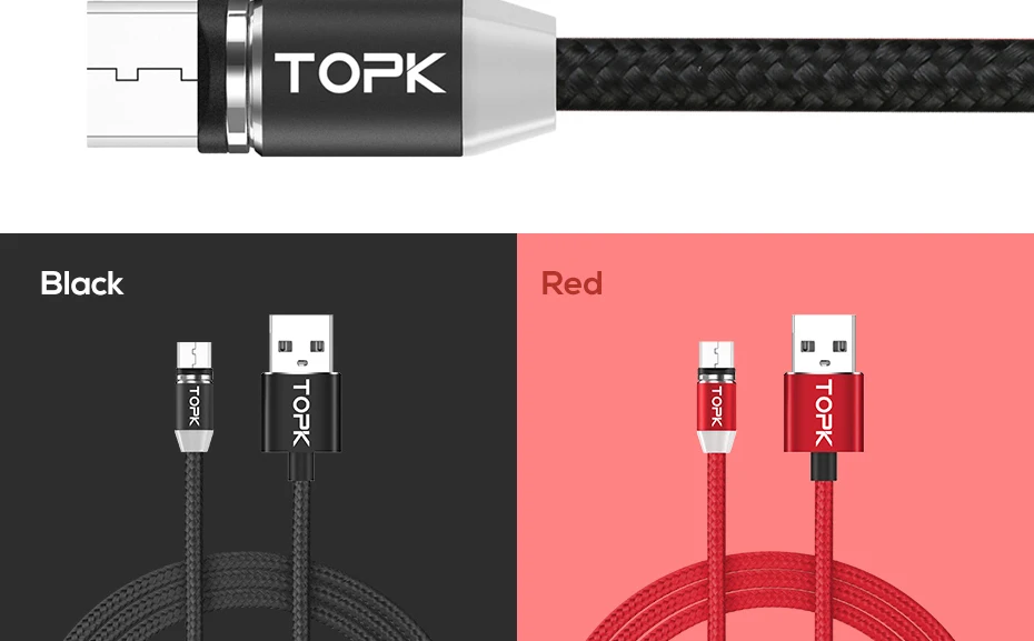 TOPK 1 м(3,3 фута) светодиодный магнитный кабель Micro USB, высококачественный нейлоновый Плетеный Магнитный кабель для зарядного устройства Microusb для порта Micro USB