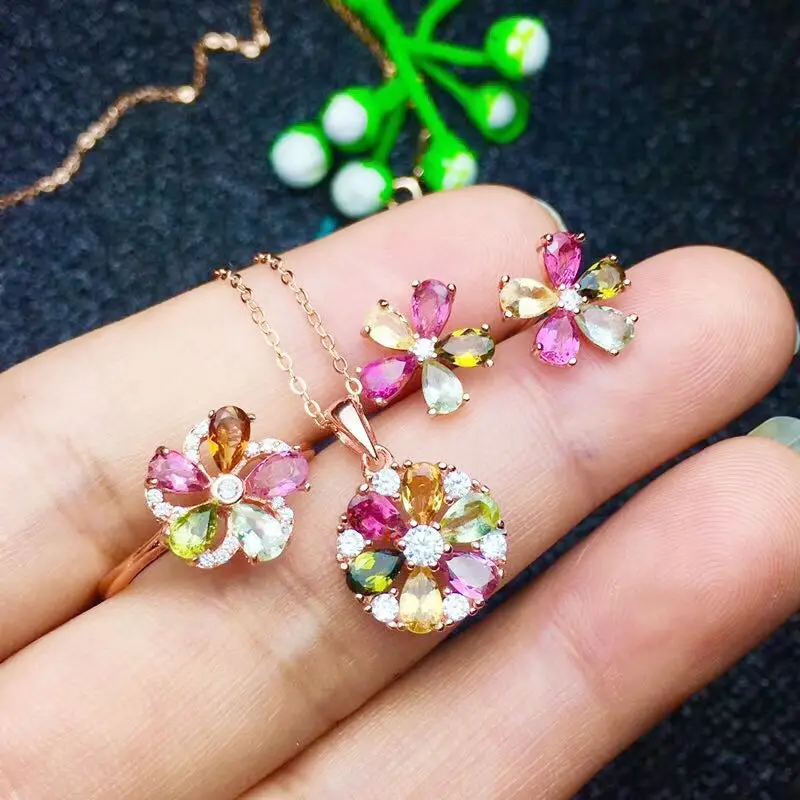 Натуральный турмалиновый набор 0.25ct* 21 шт драгоценный камень 925 серебро 1 шт кольцо 1 шт кулон 1 шт серьги-гвоздики# SB18121008