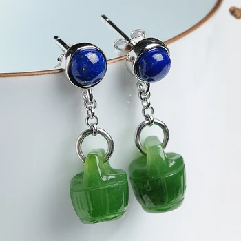

2019 new 925 silver inlaid lapis lazuli ring jasper earrings authentic natural jade earrings female models with certificate