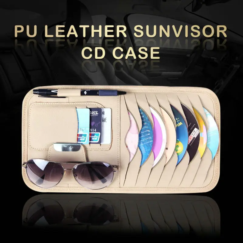 Car CD DVD Holder Disc PU Leather Storage Case Sunglasses Card Organizer Sun Visor Sunshade Sleeve Wallet Clips