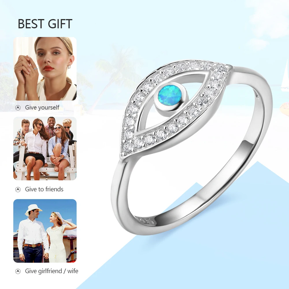 Solid 925 Sterling Silver Blue Opal Stone Cubic Zirconia Eye Shape Finger Rings Wedding Jewelry Gift For Her (JewelOra RI102845)