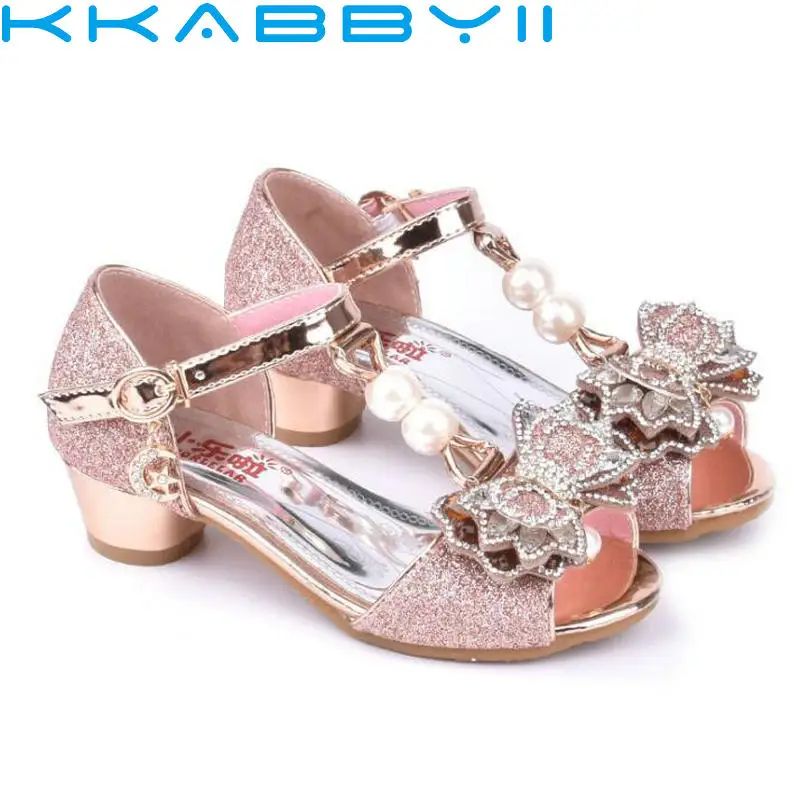 

Pink Sandals For Girl Summer High Heels Gilr Children Gold Sivler Sandals Princess Cute Fashion Bow Student Shoes 3 Colors